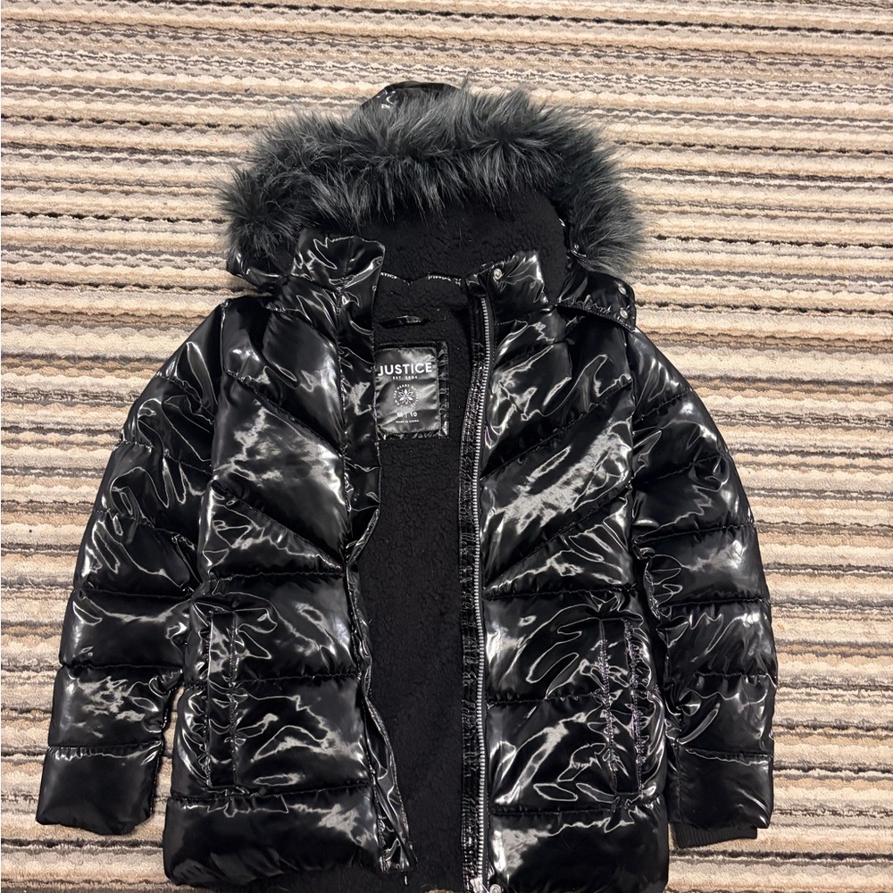 Justice Shiny Black Puffer with Faux Fur Trim